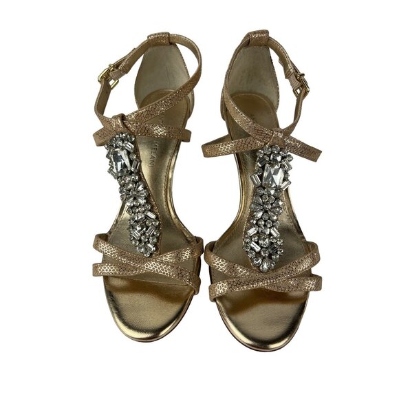 Antonio Melani Gold Strappy Metallic Heels Embellished Rhinestones size 7.5 - Picture 1 of 9